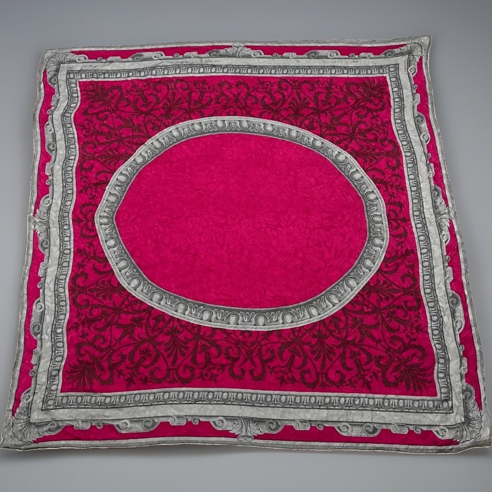 Ellen Tracy Magenta Silk Damask Filigree Baroque Medallion Square Large Scarf